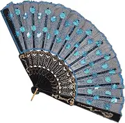 COHEALI Elegant Peacock Pattern Folding Hand Fan Embroidered Sequin Design Portable Retro Handheld Fan for Weddings Festivals and Decorative Use