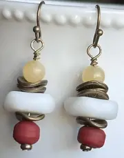 Bronze, Yellow, White and Burnt Red Bead Earrings. Boho Chic.