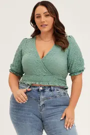 Green Short Sleeve V-neck Green Textured Lace Top