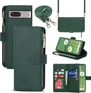 Jaorty Google Pixel 7 Phone Case Wallet for Women Men with Crossbody Strap Lanyard,Google Pixel 7 Wallet Case with Card Holer,Zipper Pocket PU Leather Phone Case for Pixel 7, 6.3 Inch,Dark Green