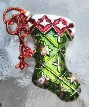 Aurora Borealis Austrian Crystal and Enamel Goldtone Stocking Brooch / Pendant