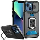 for iPhone 14 & 13, Armor Case with Card Slot & Ring Stand & Slide Camera Cover