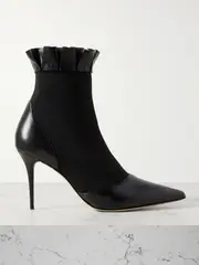 [Manolo Blahnik] Manolo Blahnik - Nafar 90 Stretch-knit And Ruffled Leather Point-toe Ankle Boots - Black - IT40 IT 40 Black