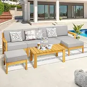Livsip Wooden Lounge Set with Cushion and Pillow Outdoor Furniture Sofa Set Patio Garden Chair and Table 7 Piece