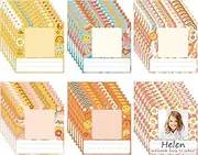 Qimgic Name Plates for Classroom Desk - 48pcs Boho Name Tags Labels with Photo Space for Student Kids, Nameplates Adhesive Sticker, Hippie Retro Smile Face Tags Decorations for Back to School Desktop