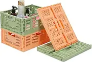 jocabo 2 Pink Green Plastic Storage Basket Folding Boxe Crate Drawer Organizer Stackable Shelf Collapsible Closet Container Food Fruit Bottle Book Organiser for Home Office Kitchen