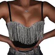 [Generic] Women's Spaghetti Strap Rhinestone Fringe Trim Tank Crop Tops Sleeveless Bralette Bra Streetwear