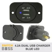 12V Dual USB Charger BLUE LED - 4.2A USB Outlet Socket Power Flush Mount Panel