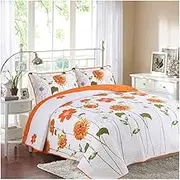 Quilts Queen Bedspreads Soft Bedding White/Orange Sunflower Reversible Comforter Lightweight Cotton Coverlet Set Bedcover for All Season-3 Piece