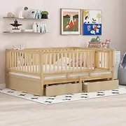 [HomSof] Full Size Wood Daybed with Fence Guardrails and 2 Drawers, Split into Independent Floor Bed & Daybed, Natural
