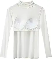 [XWSM] Thermal Underwear With Bra Chest Pad Tops For Women Undershirt Cotton Warm Base Layer Long Sleeve Shirts Pajama (Color : White, Size : M/Medium)