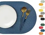 FunWheat Oval Braided Placemats Set of 6 Table Mats for Dining Tables Washable Heat Resistant Place mats for Daily Use12 x18 Inch (Oval Blue, 6pcs)