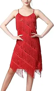 [yuksok] Women Sequin Tassel Dress V Neck Flapper Dress for Rumba Ballroom Party, Red, XL