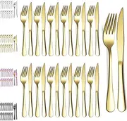 Evanda Gold Steak Cutlery 24-Piece, Gold Titanium Coated Stainless Steel 12 Table Forks and 12 Table Knives Set, Steak Knives Steak Forks, Dishwasher Safe