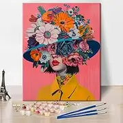 TUMOVO Paint by Numbers for Adults Young Woman Easy Paint by Numbers on Canvas Hat with Flowers DIY Paintings Hobbies Kits Beautiful Head Design Art Without Frame Oil Painting Kits(16x20in)