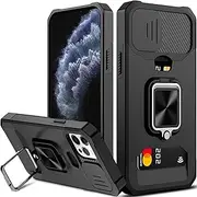 for iPhone 11 Pro Max Case with Card Holder and Slide Camera Cover,360° Rotate Ring Kickstand Heavy Duty Protective Phone Cover Case for Apple iPhone 11 Pro Max -Black