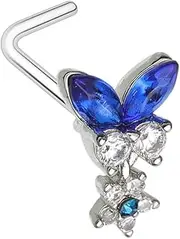 [Pierced Owl] 20GA 316L Stainless Steel Blue CZ Crystal Butterfly with Dangling Flower L-Bend Nose Stud, 20ga, Metal, cubic zirconia