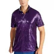 Wanyin Men's 70s Vintage Sequin Short Sleeve Mens Disco Sequin Button Down Polo Shirt Purple