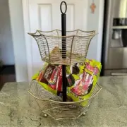 Spider Web Gold/Black Metal 2 Tiered Basket Fruit/Snacks Counter/Table Halloween