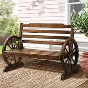 Rustic Wooden Wagon Wheel Garden Bench Seat Brown