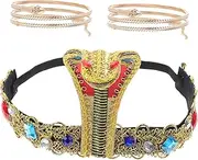 [Parliky] 3 Piece Set Egyptian Headpiece Snake Design Hair Band Snake Arm Cuff Metal Material Bracelets for Carnival Festival Costume Party