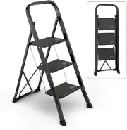 Steel Folding 3-Step Stool Ladder Adults With Soft-Grip Handle 330 Lbs Black