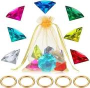 Chalyna 13 Pcs Acrylic Diamond Gems Alloy Gold Round Ring Set, Hedgehog Chaos Emerald Power Rings Diamond Gemstone Jewelry Emerald Ring with Gift Bag for Halloween Pirate Party Favor