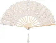 BABEYOND Cotton Lace Folding Handheld Fan Embroidered Bridal Hand Fan with Bamboo Staves for Wedding Decoration Dancing Party (Beige)