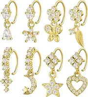 Landical 8 Pcs Dangle Nose Rings Hoop Dangle Nose Ring Butterfly Star Heart Nose Ring with Charm Cartilage Earring for Women