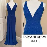 Tadashi Shoji Cobalt Blue Vneck Studded Rhinestone Jersey Gown NWT Size XS