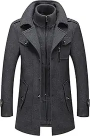 [Generic] Men's Double Layer High Collar Coat Non-Iron Scarf Collar Wool Tweed Trench Coat Wool Blend Single Breasted Solid Pea Coats