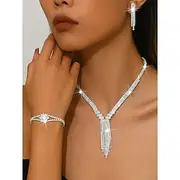 Women's Sparkling Rhinestone Jewelry Set - Elegant Silver Necklace, Bracelet, Earrings and Ring, Luxurious Statement Accessories for Evening Dance and Cocktail