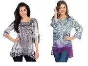 One World Printed Knit 3/4 Sleeve Embellished Sharkbite Tunic Blue S or B/W S, M