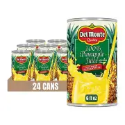 Del Monte 100% Pineapple Juice 6oz Cans Pack of 24 Non GMO Refreshing Drink