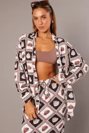 Brown Abstract Relaxed Shirt Long Sleeve Linen Blend - Size 10, Women's Shirt