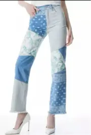 NWT Alice + Olivia Mixed Patchwork High Rise Wide Leg Denim Jeans Size-29