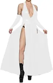 [EGEN] Sexy Halter Sleeveless High Split Slim Midi Dress PU Leather Dress with Gloves Slim Backless Long Dress Club Party Robe S-7XL (6X-Large,White,6X-Large)