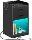 Nightstand Charging Station LED Lights Modern Design End Side Table 2 Drawers