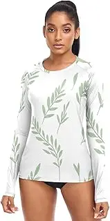[RPLIFE] Soft Green Leaves White Womens 50 SPF Rashguards Uv Fishing Shirt, Summer Modest Clothing