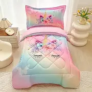 4 Piece Toddler Bedding Set for Girls Pink Rainbow Unicorn Stars Toddler Comforter Sets for Baby Kids Bed-in-a-Bag Bedspreads Quilt Bed Sheet Set with Quilted Comforter,Flat Sheet,Fitted Sheet,Pillowc