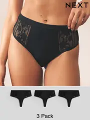 Black High Waisted Thong Modal & Lace Knickers 3 Pack (AV4548) | $38