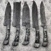 Kitchen Knives Set of 5 Pcs Handcrafted Full Tang Solid Forged Damascus Knives