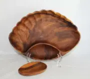 Monkey Pod Wood Chip & Dip Vegtable Serving Bowl Set 13" × 9.25" Clam Shaped