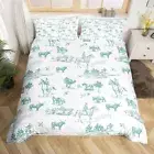 Farmhouse Duvet Cover Set Queen Size Cyan White Sketch Animals Tree Bedding Set