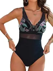 [MOLYBELL] Women's Sexy Mesh One Piece Swimsuit Deep V-Neck Tummy Control Bathing Suit Modest Full Coverage Swimwear, Black/Flowers, Medium