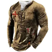 Men's T shirt Tee Tee Graphic Templar Cross Henley Black Light Brown Brown Dark Gray 3D Print Knight Plus Size Outdoor Street Long Sleeve Lace up Print Clothin