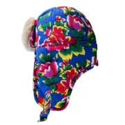 Big Floral Print Earflap Cap Unisex Plush Pilot Hat Outdoor Sports Warm Headwear