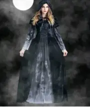 Gothic Halloween Witch Vampire Costume Ghost Black Long Dress W/ Hooded Cape
