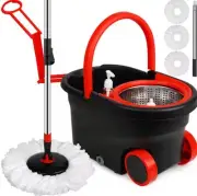 360° Spin Mop Bucket Set Wring System 3 Microfiber Heads, Stainless Steel Basket