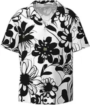 [YANYU] Black and White Flowers Print Hawaiian Shirts Men Short Sleeve Button Down Cuban Collar Shirt Summer Beach Days